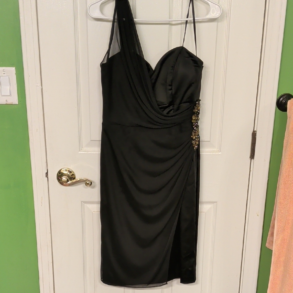 Xscape One Shoulder Black Dress with Embellishments